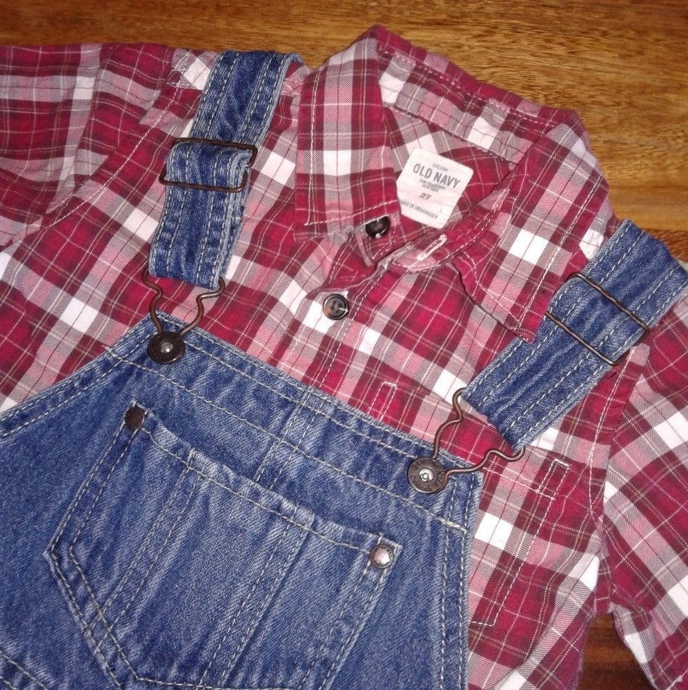 Jean Overall and Plaid Shirt Set